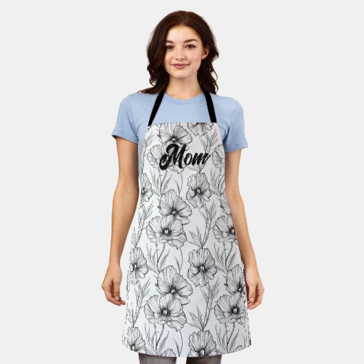 Moderne zwart-wit bloemen moeder gepersonaliseerd schort (Gedragen)