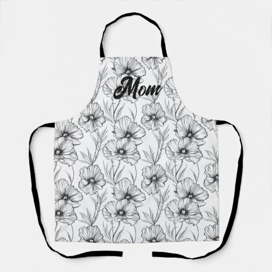 Moderne zwart-wit bloemen moeder gepersonaliseerd schort (Voorkant)