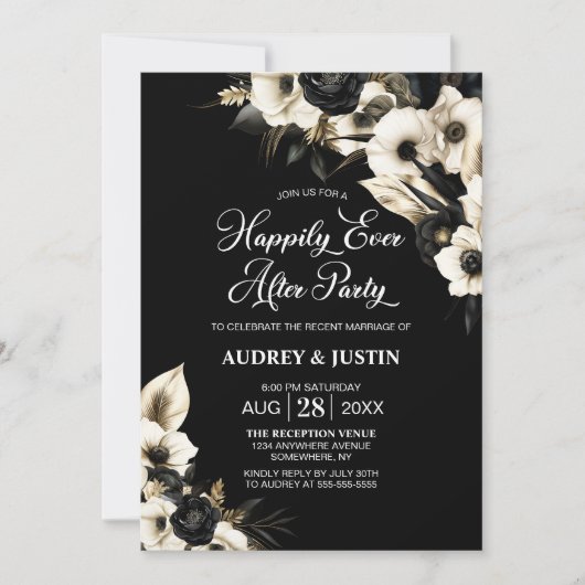 Moderne zwart-wit bloemenbruiloft na feest kaart (Voorkant)