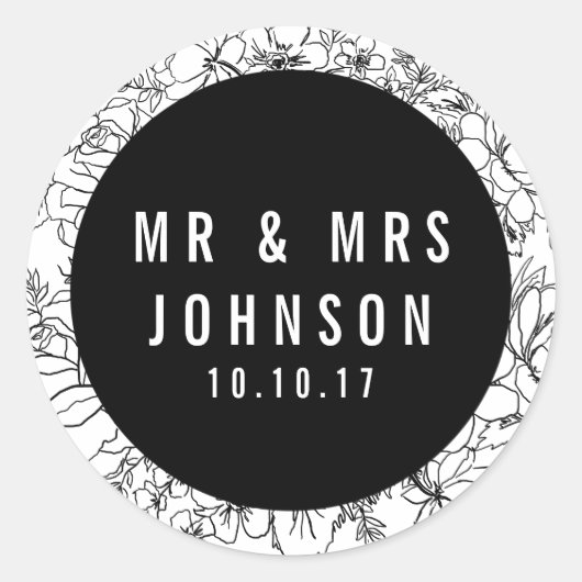 Moderne zwart-wit bloemenmeneer & mevrouw sticker (Voorkant)