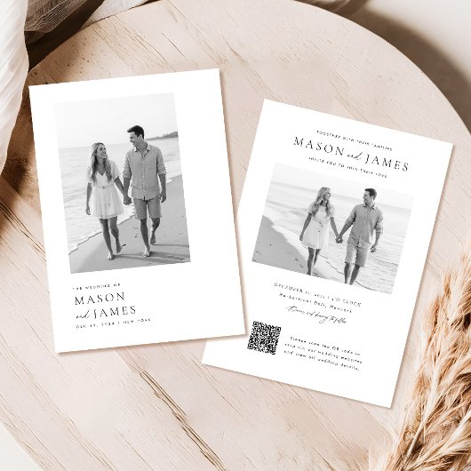 Moderne Zwart-Wit Boho QR Code Foto Bruiloft Kaart