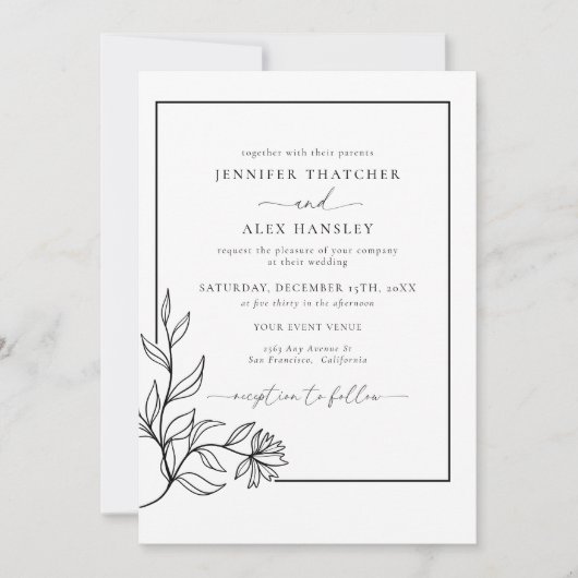 Moderne Zwart Wit Botanische QR Code Huwelijk Kaart (Voorkant)