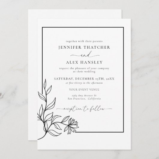 Moderne Zwart Wit Botanische QR Code Huwelijk Kaart (Voorkant / Achterkant)