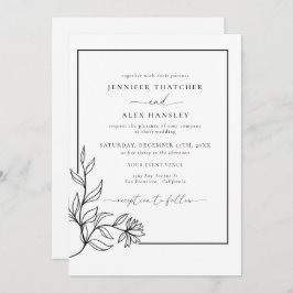 Moderne Zwart Wit Botanische QR Code Huwelijk Kaart