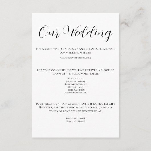 Moderne Zwart-wit bruiloft Details Kaart (Voorkant)