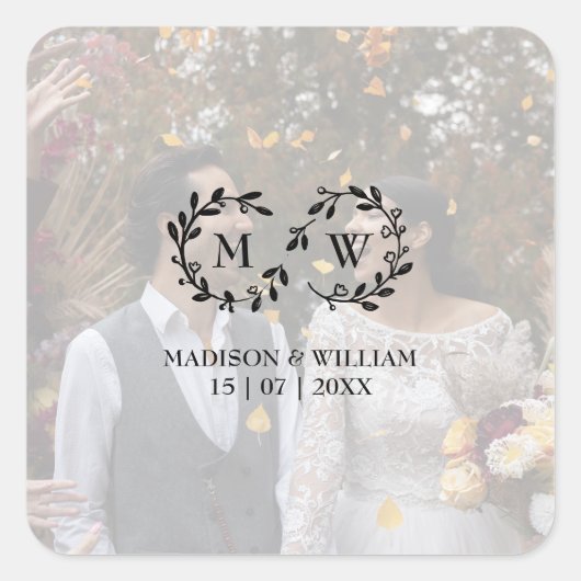 Moderne zwart-wit bruiloft foto vierkante sticker (Voorkant)