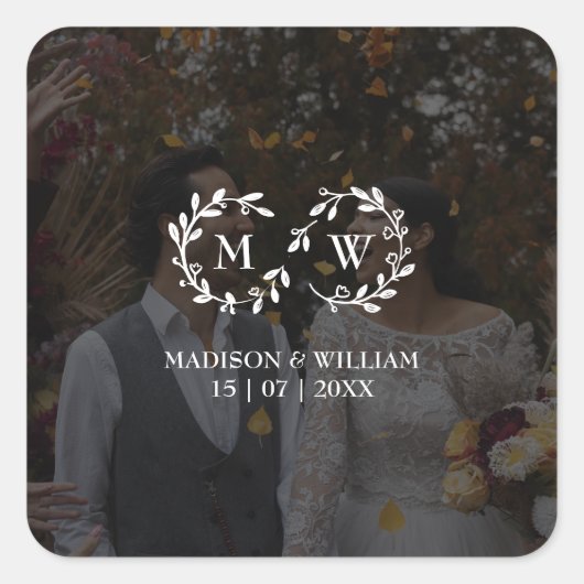 Moderne zwart-wit bruiloft foto vierkante sticker (Voorkant)