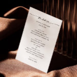 Moderne zwart-wit bruiloft | minimalistisch script menu<br><div class="desc">Verhoog de eetervaring van uw evenement met dit moderne zwarte en witte huwelijksmenu met een script. Met een minimalistisch ontwerp en elegante typografie is het perfect voor bruiloften, repetitiediner, jubilea, verjaardagen en andere speciale gelegenheden. Pas de tekst aan de details van uw evenement aan en creëer een samenhangende look die...</div>