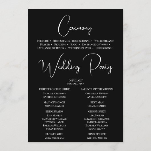Moderne zwart-wit bruiloft tijdlijn pictogrammen programmakaart (Achterkant)