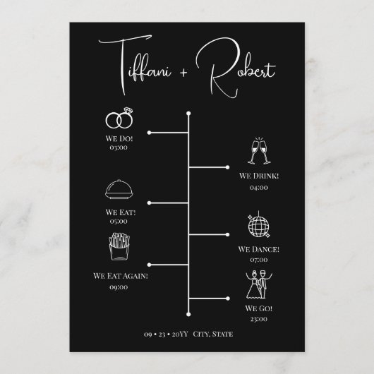 Moderne zwart-wit bruiloft tijdlijn pictogrammen programmakaart (Voorkant)