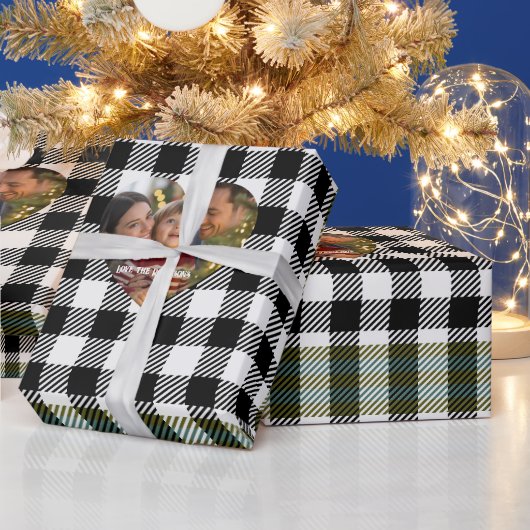 Moderne Zwart-Wit Buffalo Plaid Kerstfoto Cadeaupapier (Feestdagen)