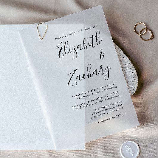 Moderne Zwart-Wit Calligrafie Bruiloft Vellum Uitnodigingen
