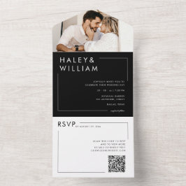 Moderne Zwart & Wit Chic Minimalistische Fotobruil All In One Uitnodiging
