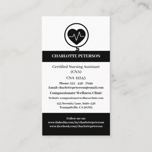 Moderne Zwart & Wit CNA Verpleegster Visitekaartje (Voorkant)