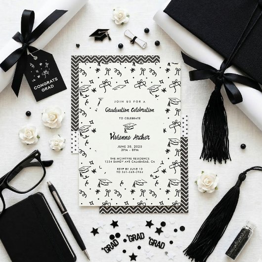 Moderne Zwart & Wit Doodle Feest Afstudeerfeest Kaart