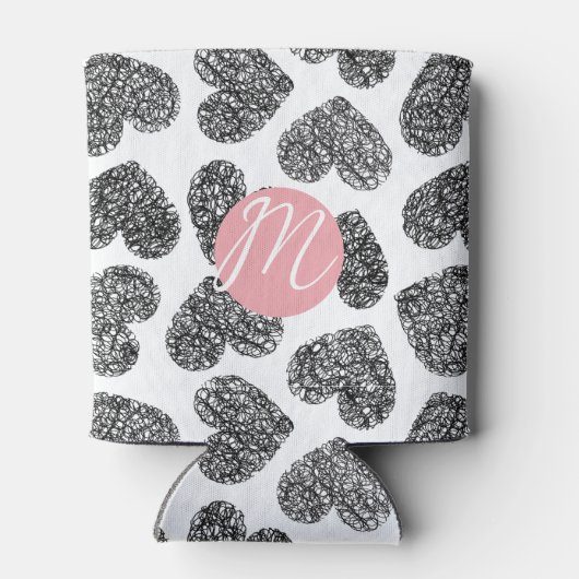 Moderne zwart-wit doodle harten Monogrammed Blikjeskoeler (Achterkant)
