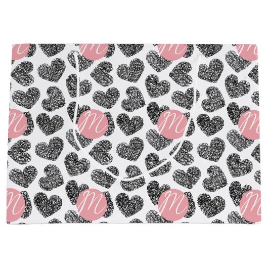Moderne zwart-wit doodle harten Monogrammed Groot Cadeauzakje (Voorkant)