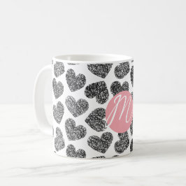 Moderne zwart-wit doodle harten Monogrammed Koffiemok