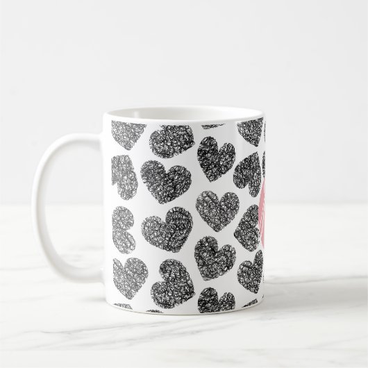 Moderne zwart-wit doodle harten Monogrammed Koffiemok (Links)