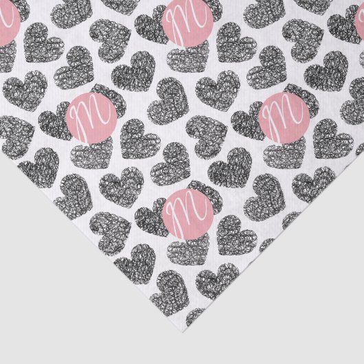 Moderne zwart-wit doodle harten Monogrammed Tissuepapier (Detail)