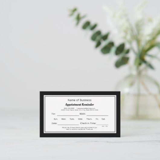 Moderne zwart-wit duidelijke afspraak herinnering afsprakenkaartje (Staand voorkant)
