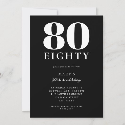 Moderne Zwart-Wit Elegante 80ste Verjaardag Kaart (Voorkant)