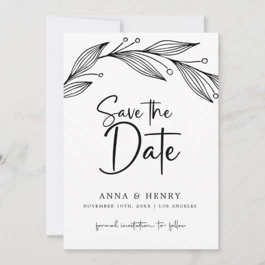 Moderne zwart & wit eucalyptus bladeren bruiloft save the date (Voorkant)