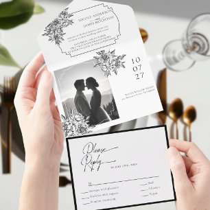 Moderne zwart-wit foto kalligrafie schrift all in one uitnodiging