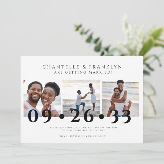 moderne zwart-wit foto save the date kaart (Staand voorkant)