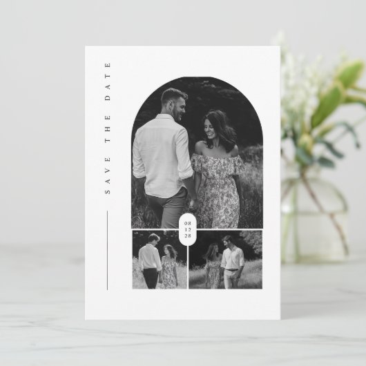 Moderne zwart-wit fotocollage Bewaar de datum Kaart (Staand voorkant)