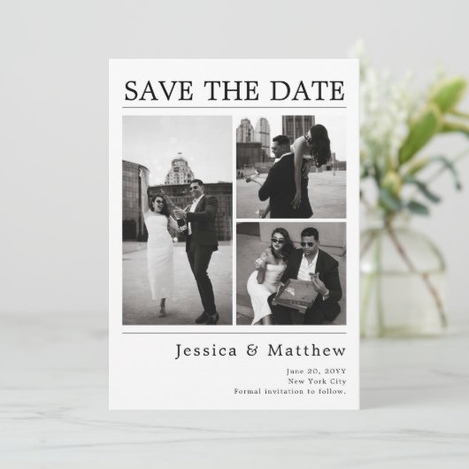 Moderne zwart-wit fotokrant bruiloft save the date (Staand voorkant)