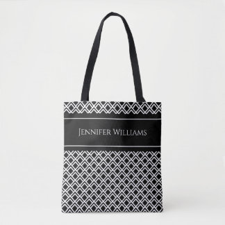 Moderne zwart-wit geometrische diamantpatroon tote bag