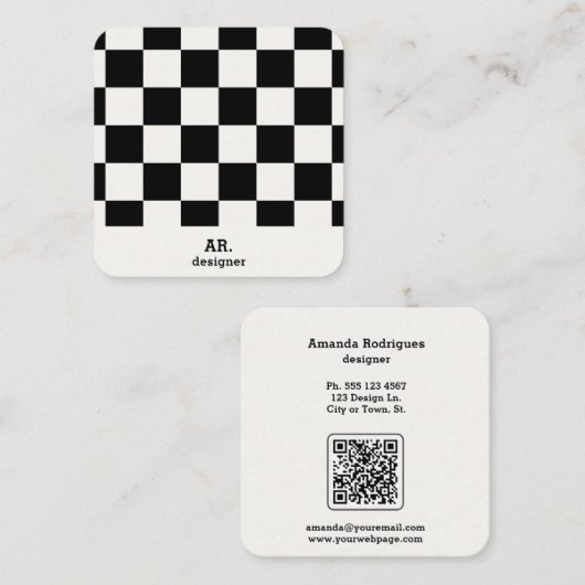 Moderne Zwart Wit Geruite Qr Code Vierkante Visitekaartje (Voorkant / Achterkant)