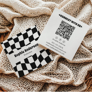 Moderne Zwart-Wit Geruite QR-code Vierkante Visitekaartje
