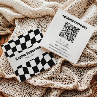 Moderne Zwart-Wit Geruite QR-code Vierkante Visitekaartje