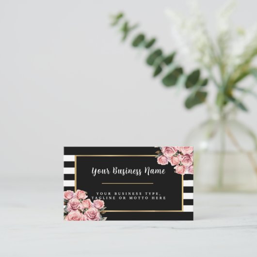 Moderne Zwart-Wit Gestreepte Bloemen Bedrijfswagen Visitekaartje (Staand voorkant)