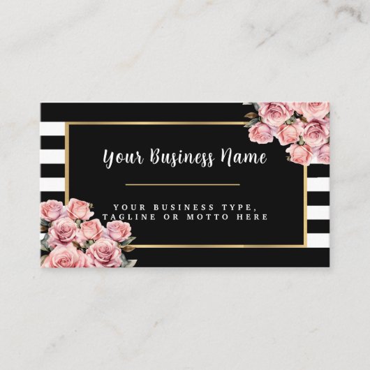 Moderne Zwart-Wit Gestreepte Bloemen Bedrijfswagen Visitekaartje (Voorkant)