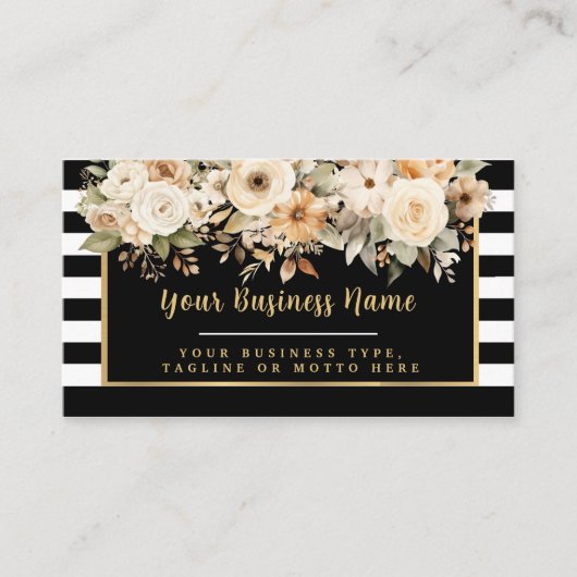 Moderne Zwart-Wit Gestreepte Bloemen Bedrijfswagen Visitekaartje (Voorkant)