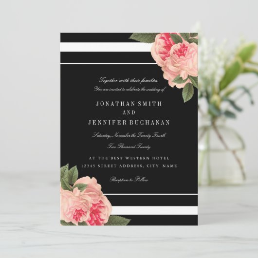 Moderne zwart-wit gestreepte bruiloft uitnodigt kaart (Staand voorkant)