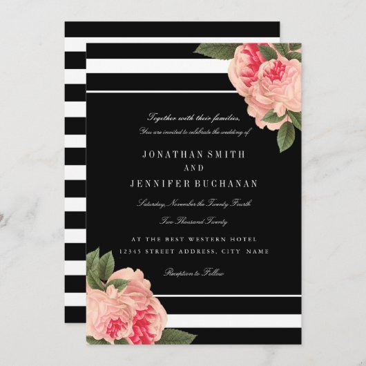 Moderne zwart-wit gestreepte bruiloft uitnodigt kaart (Voorkant / Achterkant)