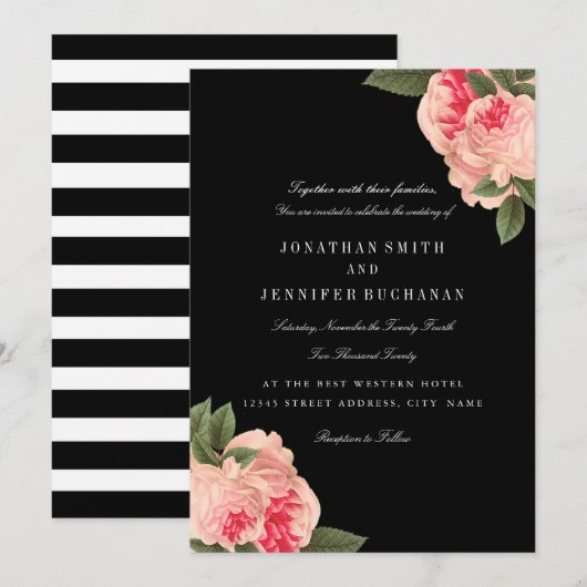 Moderne zwart-wit gestreepte bruiloft uitnodigt kaart (Voorkant / Achterkant)