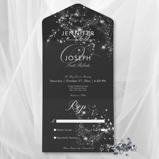 Moderne Zwart & Wit Glam Diamanten Geen Diner All In One Uitnodiging