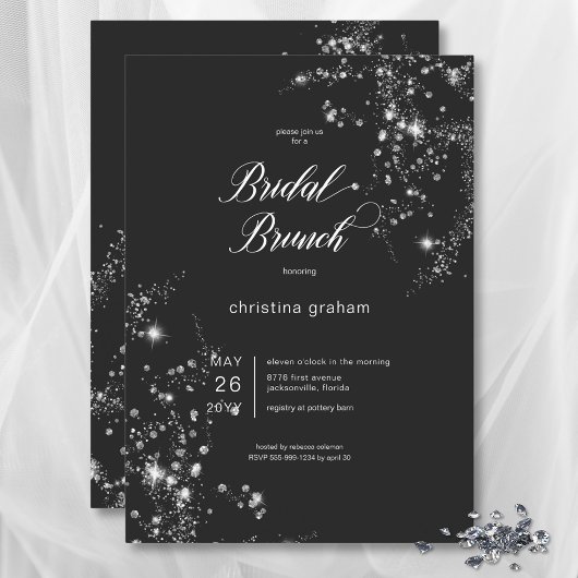 Moderne Zwart & Wit Glam Diamonds Bruidsbrunch Kaart