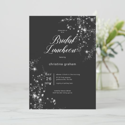 Moderne Zwart & Wit Glam Diamonds Bruidslunch Kaart (Staand voorkant)