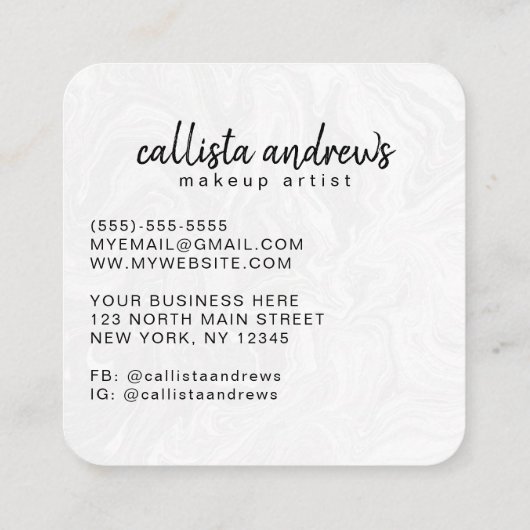 Moderne Zwart Wit Glitter Swirly Marble Ink Vierkante Visitekaartje (Achterkant)