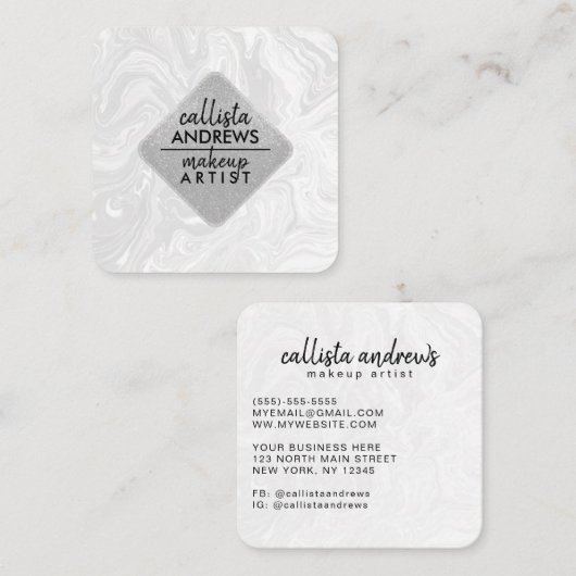 Moderne Zwart Wit Glitter Swirly Marble Ink Vierkante Visitekaartje (Voorkant / Achterkant)