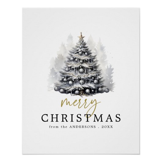 Moderne Zwart & Wit Goud Vrolijke Kerstboom Perfect Poster (Voorkant)