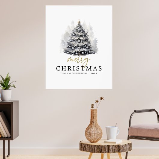 Moderne Zwart & Wit Goud Vrolijke Kerstboom Poster (Woonkamer 3)