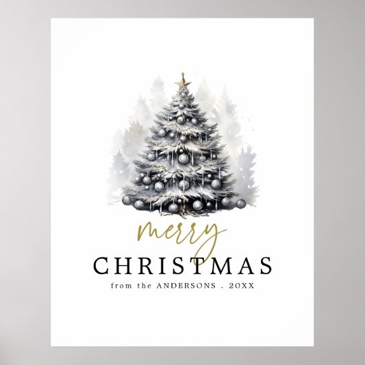 Moderne Zwart & Wit Goud Vrolijke Kerstboom Poster (Voorkant)