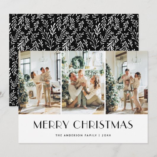Moderne zwart-wit groen fotocollage feestdagenkaart (Voorkant / Achterkant)